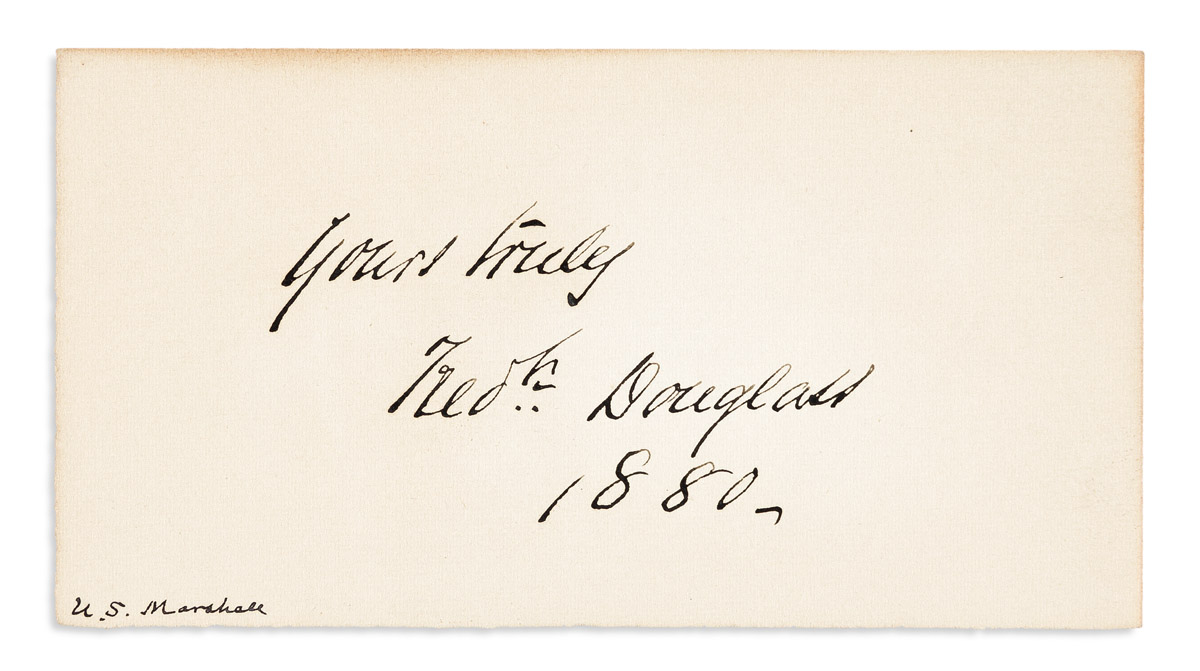 DOUGLASS, FREDERICK. Date and Signature, Yours truly / Fredk Douglass, as U.S. Marshal, on a slip of paper.